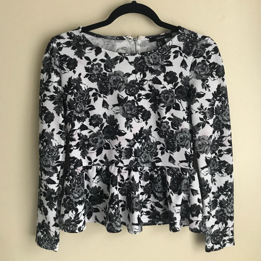 F21 Black and White Floral Peplum Blouse